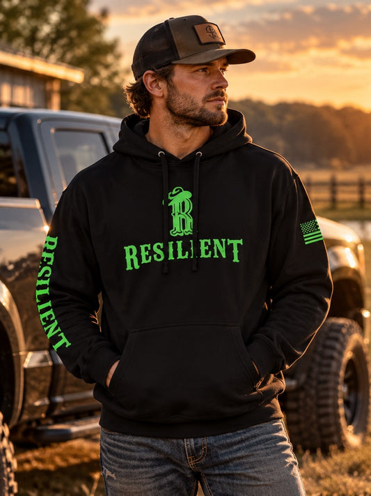 Resilient Black and Green Logo Hoodie - front lifestyle mockup