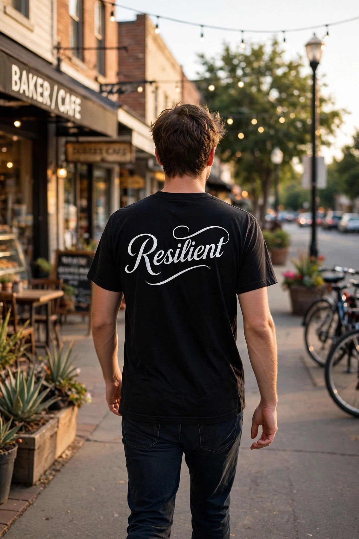 Resilient Everyday Logo collection cover - script Resilient tee on a small-town street
