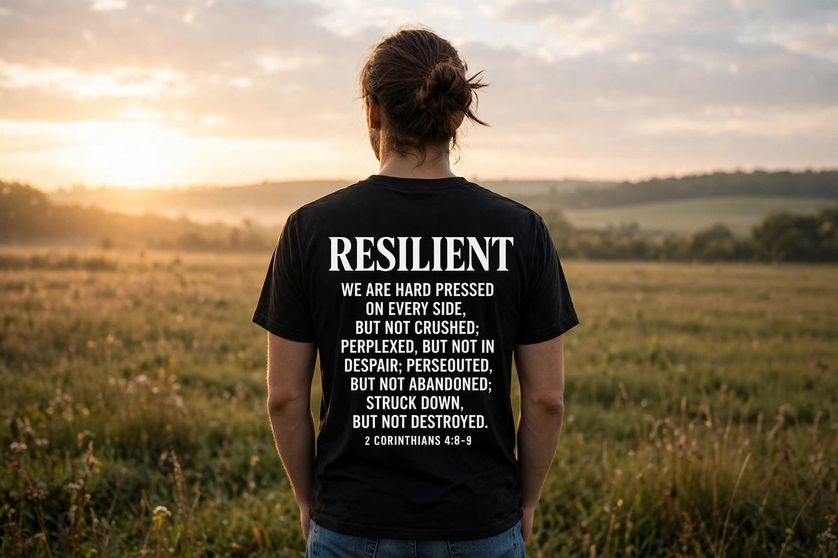 Resilient Faith collection cover - 2 Corinthians 4:8-9 tee in a field at sunrise