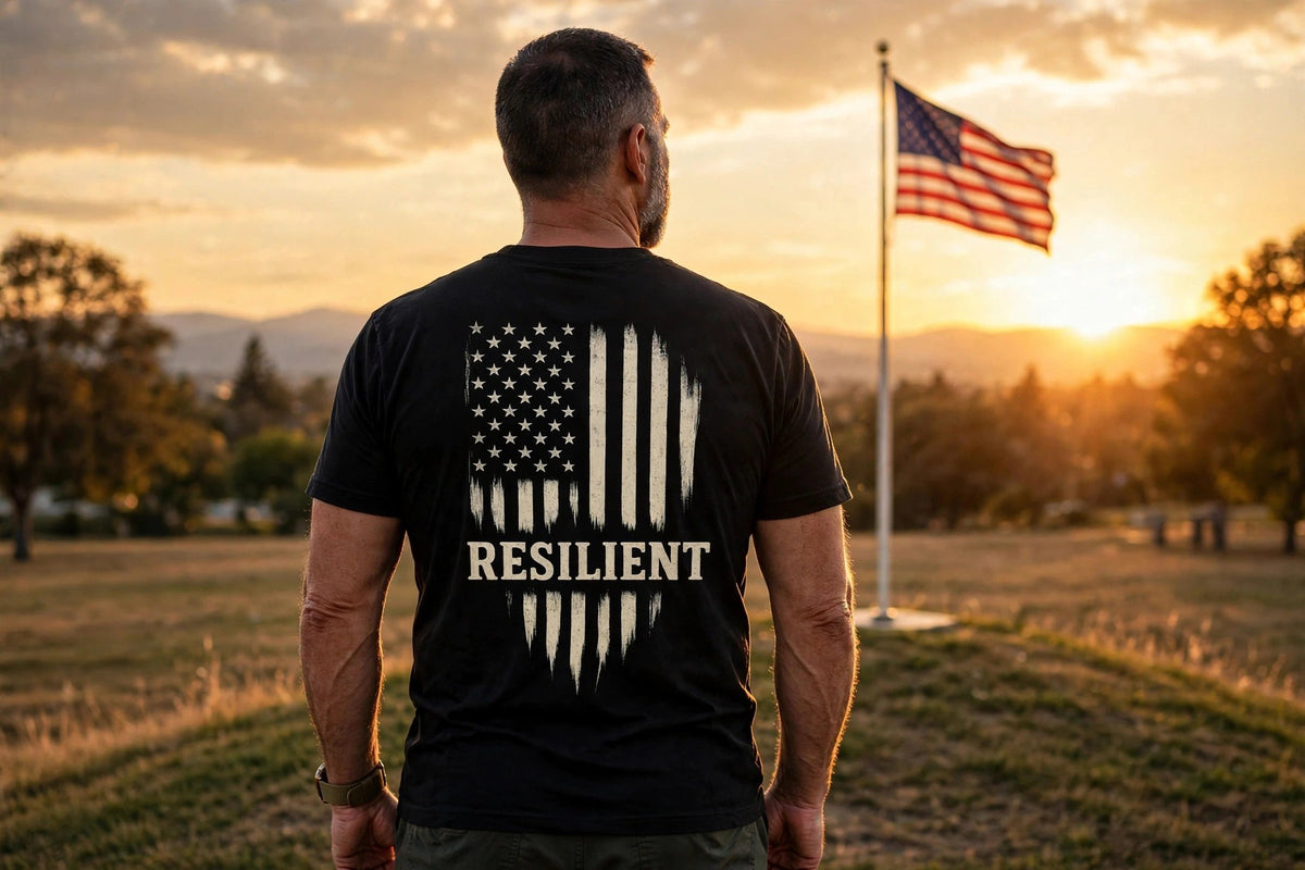 Resilient Military & Patriotic collection cover - distressed flag Resilient tee facing a flag at sunset