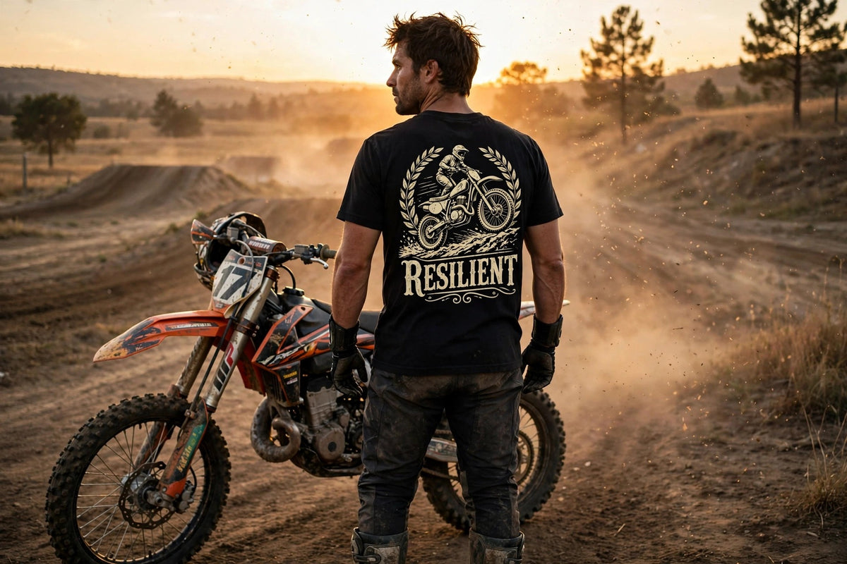 Resilient Motocross collection cover - rider with dirt bike at a motocross track