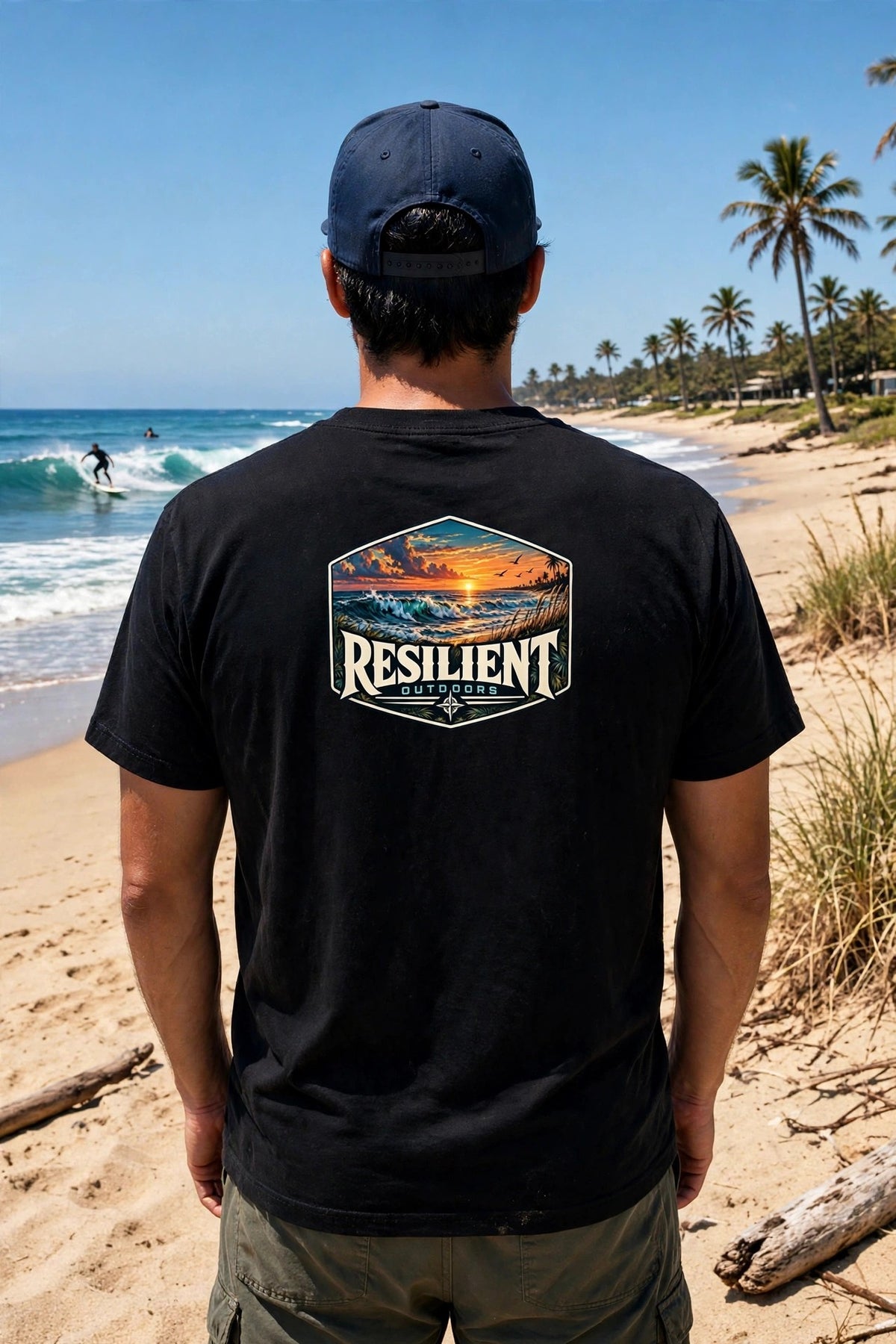 Resilient Ocean, Beach & Swim collection cover - Resilient Outdoors tee on a beach with a surfer