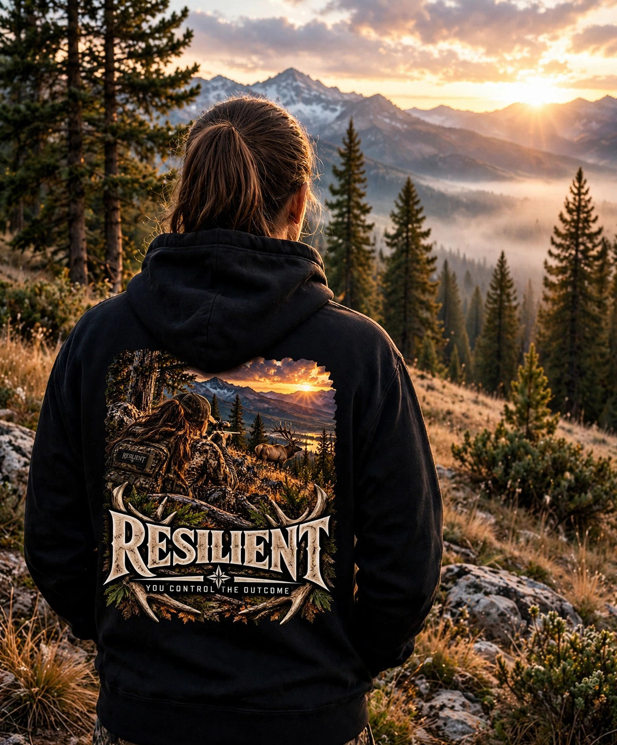 Resilient Outdoors & Hunting collection cover - elk hunting hoodie at mountain sunrise
