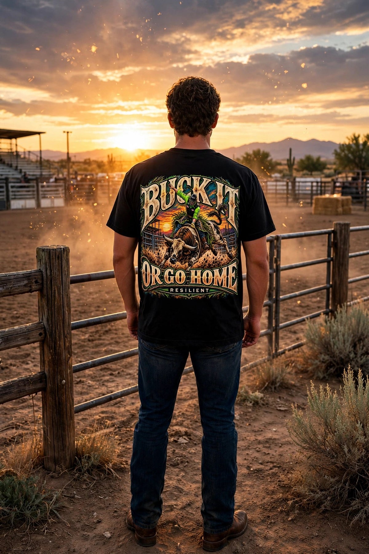 Resilient Western & Rodeo collection cover - Buck It Or Go Home tee at a rodeo arena at sunset