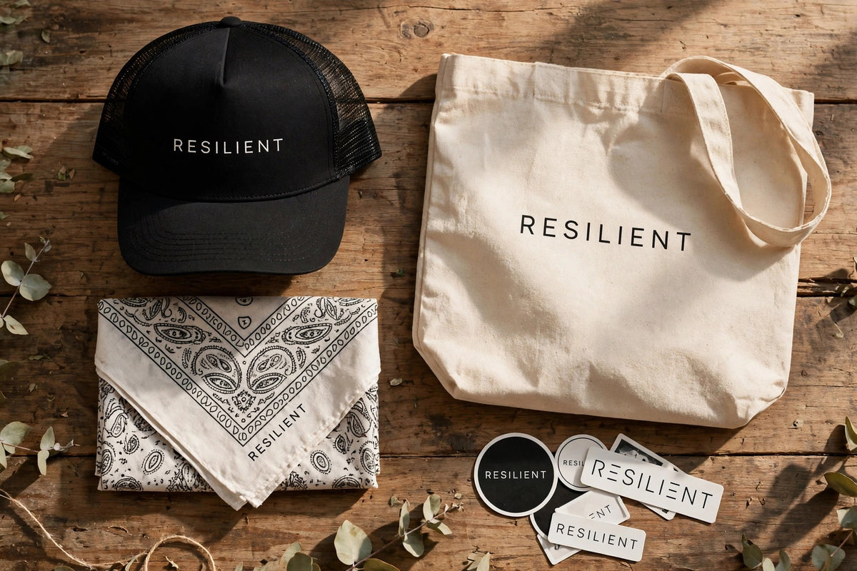 Resilient accessories flat lay: tote, bandana, stickers and trucker hat