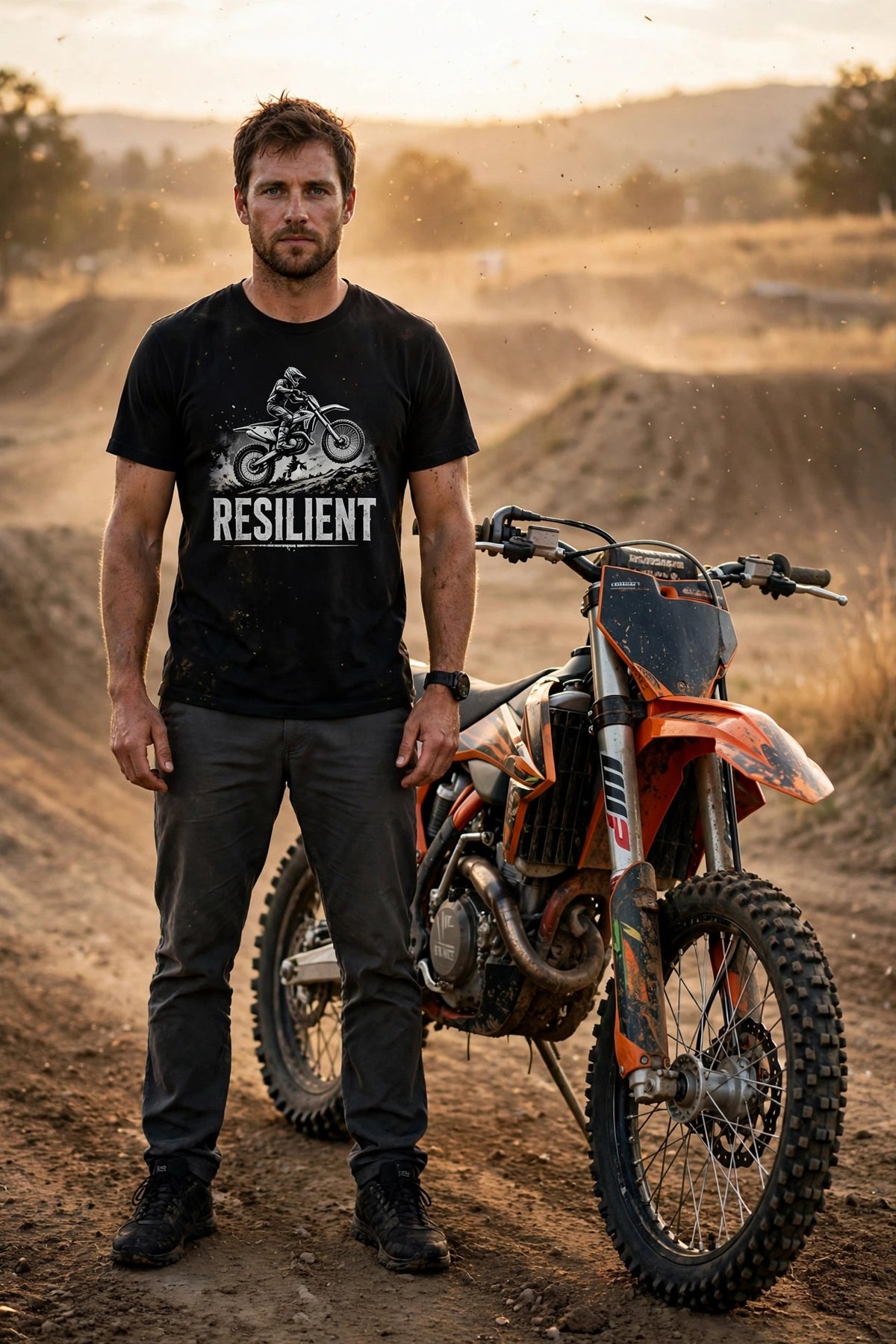 Man in a Resilient dirtbike t-shirt next to a dirt bike at a motocross track
