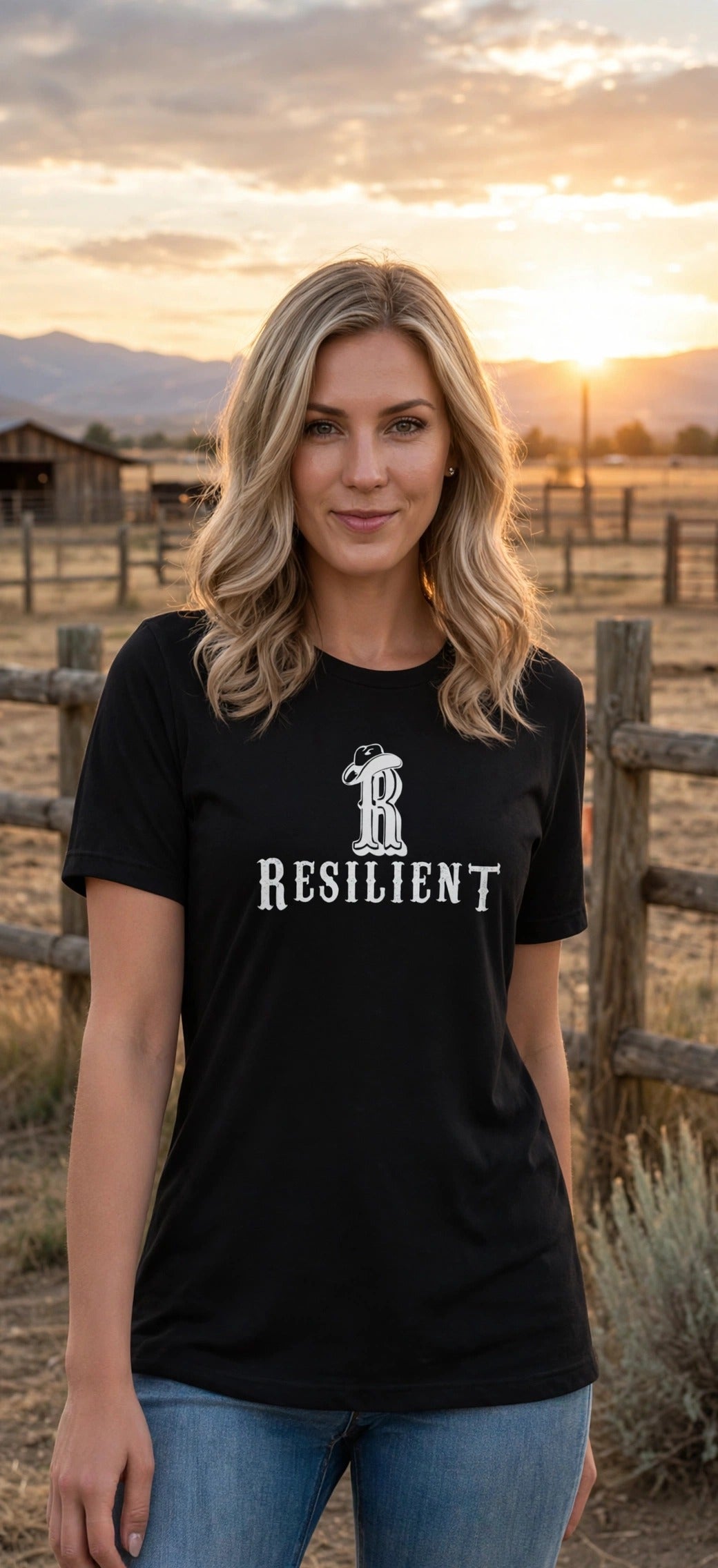 Woman in a black Resilient basic logo t-shirt at a ranch at sunset