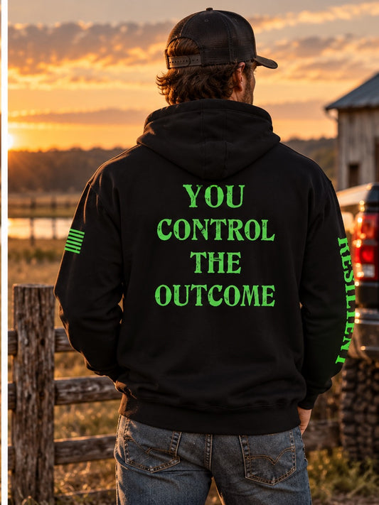 Resilient Black and Green Logo Hoodie - back lifestyle mockup, You Control The Outcome